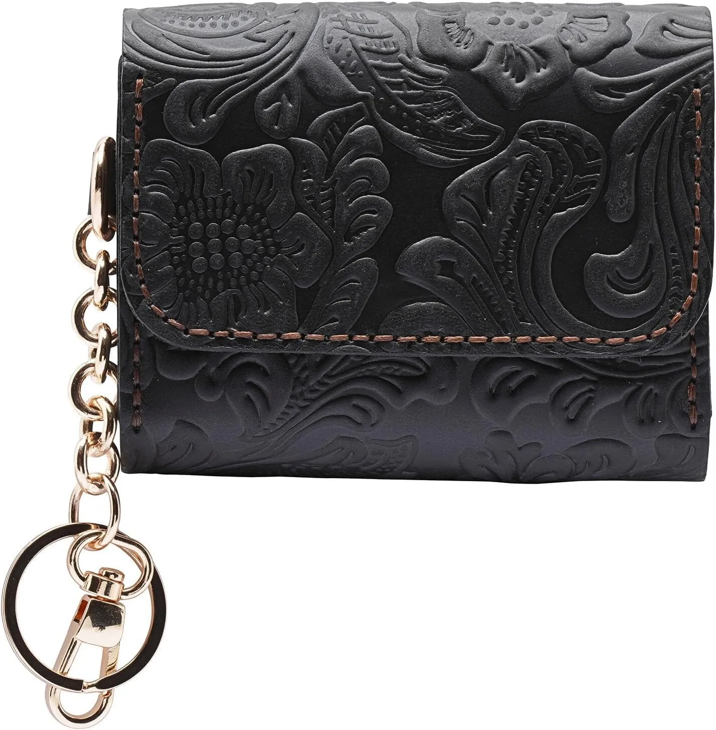 Toros Craft Handmade Keychain Wristlet Wallets for Women, Western Floral Leather Small Credit Card Holder with Zipper, Minimalist & Cute Coin Pouch, Genuine Leather, (Black), Black, 7.7, Keychain