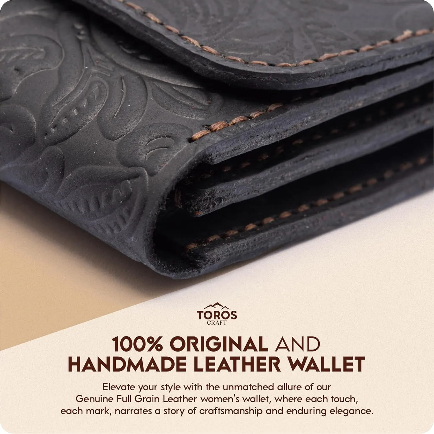 Toros Craft Handmade Keychain Wristlet Wallets for Women, Western Floral Leather Small Credit Card Holder with Zipper, Minimalist & Cute Coin Pouch, Genuine Leather, (Black), Black, 7.7, Keychain