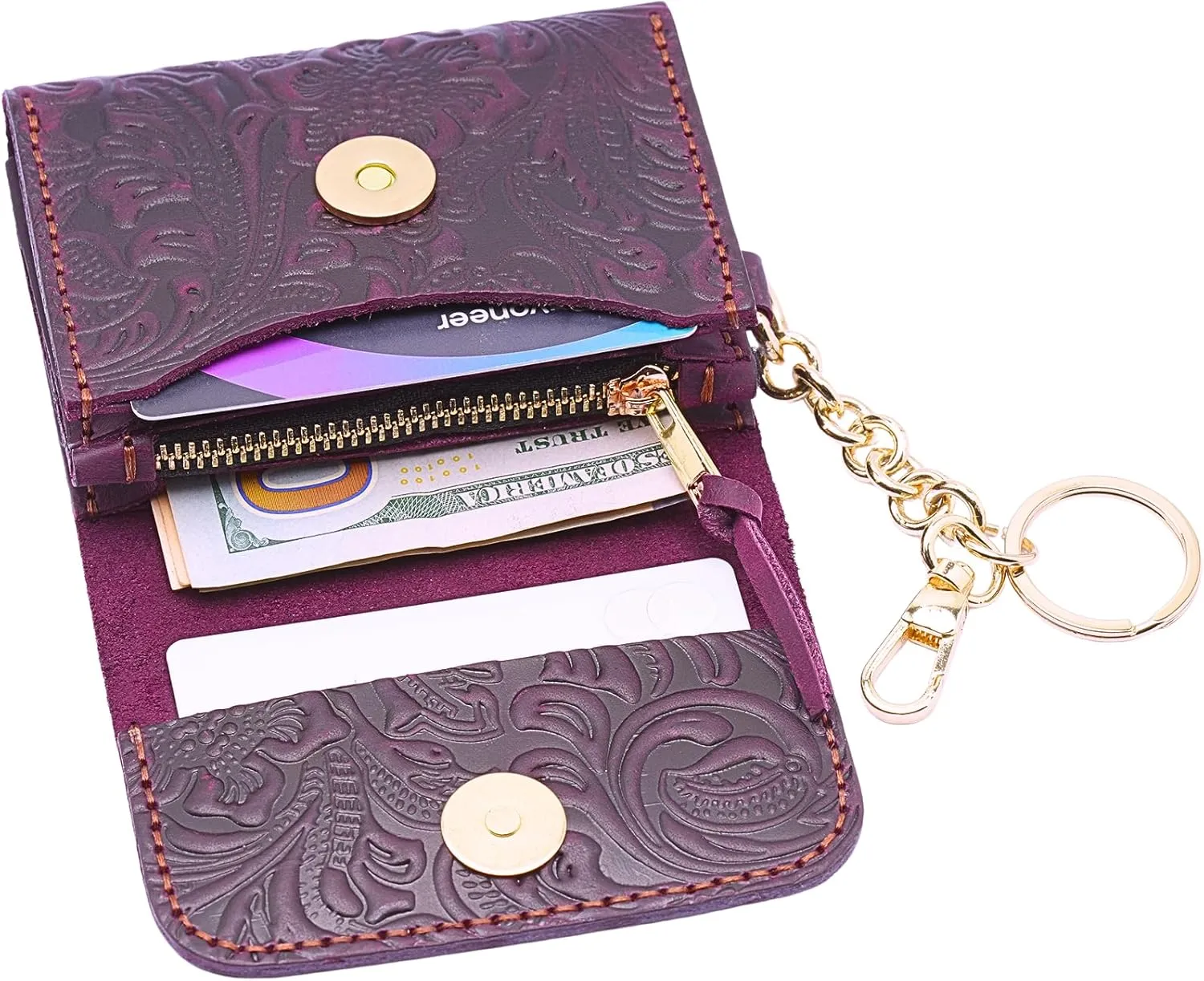 Toros Craft Handmade Keychain Wristlet Wallets for Women, Western Floral Leather Small Credit Card Holder with Zipper, Minimalist & Cute Coin Pouch, Genuine Leather, (Purple), Purple, Keychain