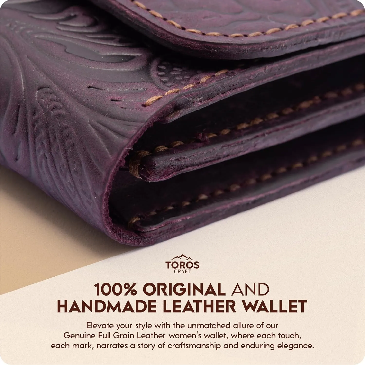Toros Craft Handmade Keychain Wristlet Wallets for Women, Western Floral Leather Small Credit Card Holder with Zipper, Minimalist & Cute Coin Pouch, Genuine Leather, (Purple), Purple, Keychain