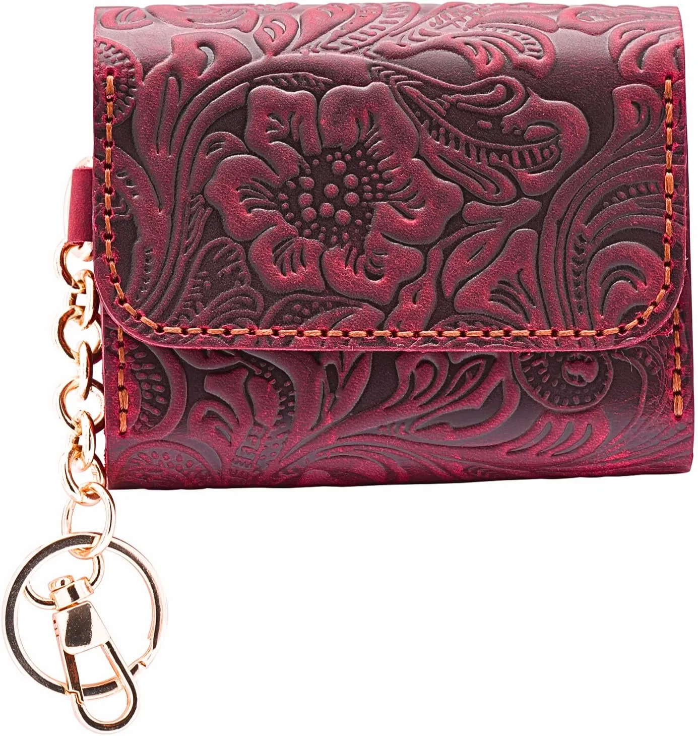 Toros Craft Handmade Keychain Wristlet Wallets for Women, Western Floral Leather Small Credit Card Holder with Zipper, Minimalist & Cute Coin Pouch, Genuine Leather, (Red), Red, Keychain
