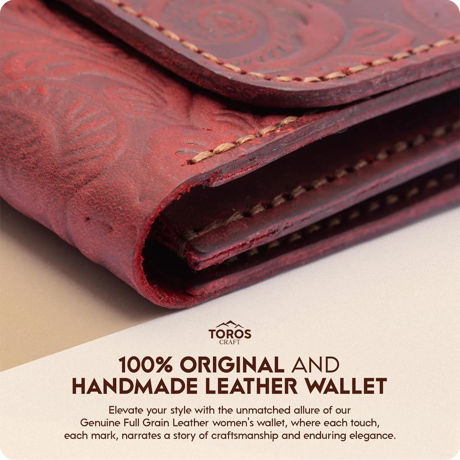Toros Craft Handmade Keychain Wristlet Wallets for Women, Western Floral Leather Small Credit Card Holder with Zipper, Minimalist & Cute Coin Pouch, Genuine Leather, (Red), Red, Keychain