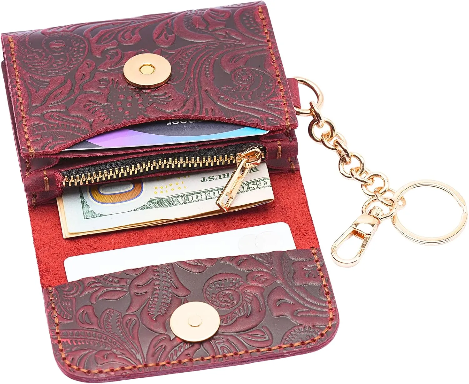 Toros Craft Handmade Keychain Wristlet Wallets for Women, Western Floral Leather Small Credit Card Holder with Zipper, Minimalist & Cute Coin Pouch, Genuine Leather, (Red), Red, Keychain