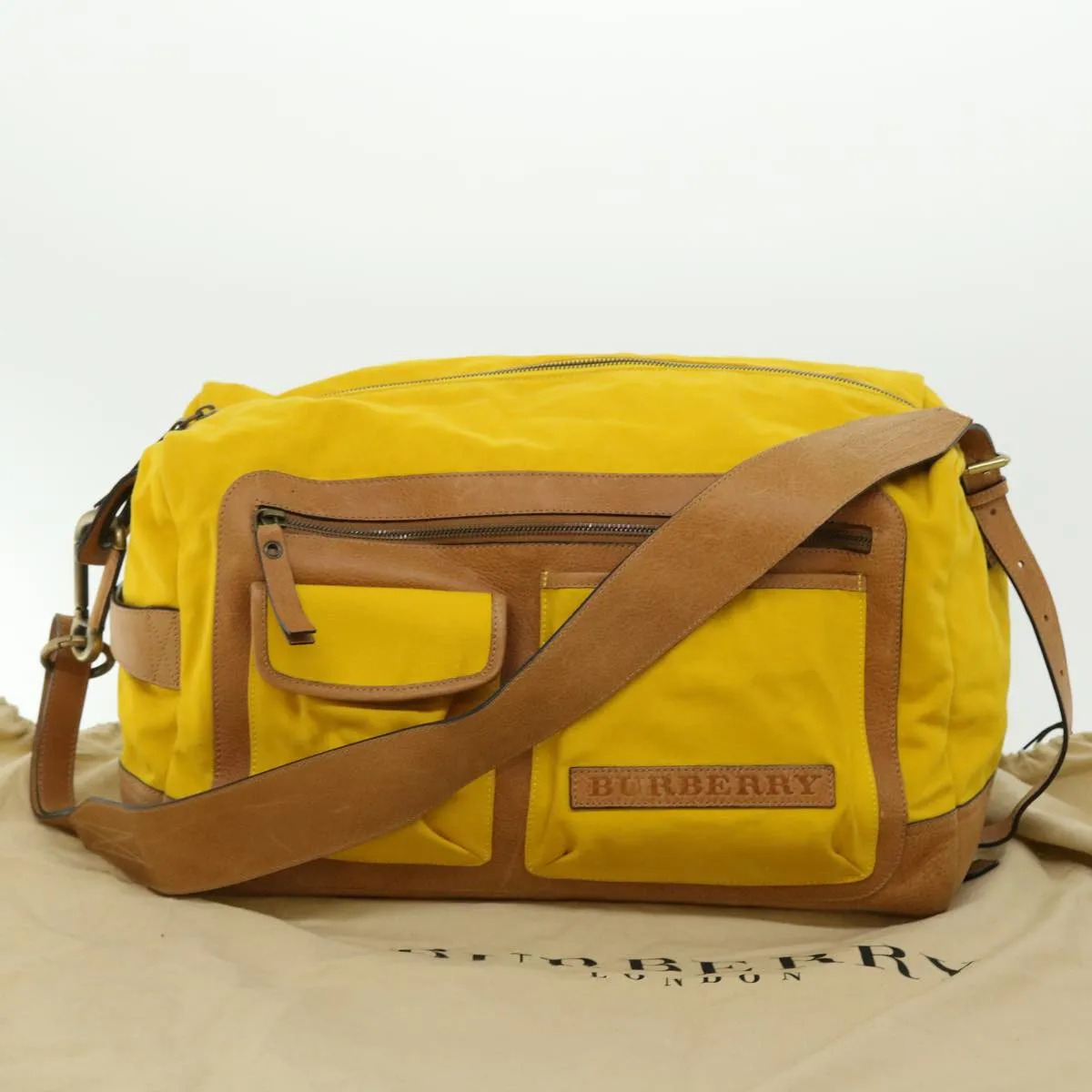 Trendy Inspired Burberry Shoulder Bag Canvas Leather Yellow Auth Bs7538